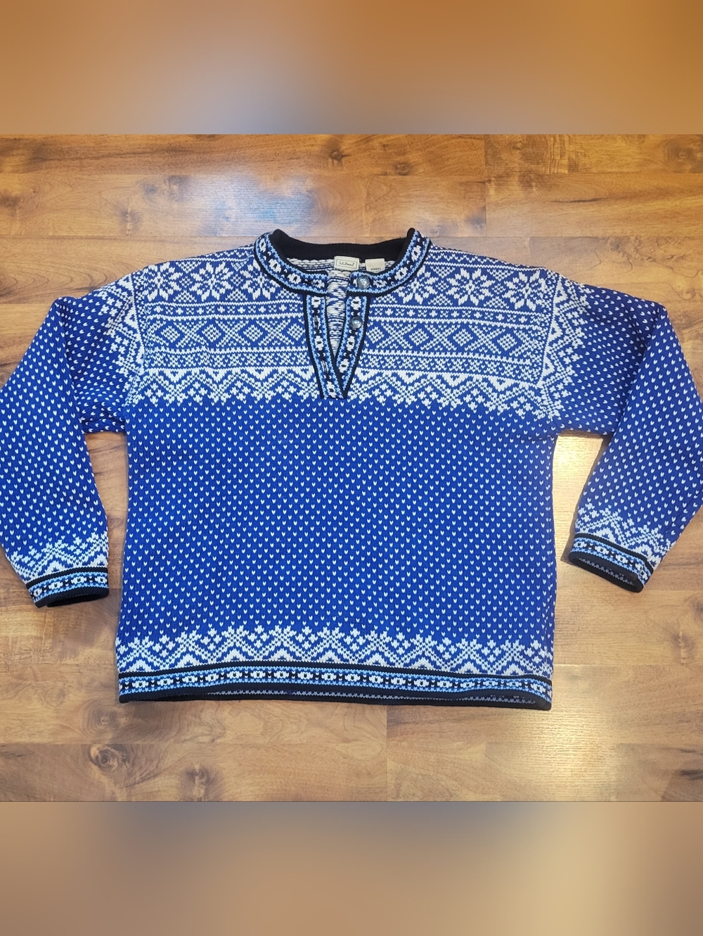 L.L. Bean Nordic Fair Isle Sweater Women’s L / Blue White Cotton Cozy Winter